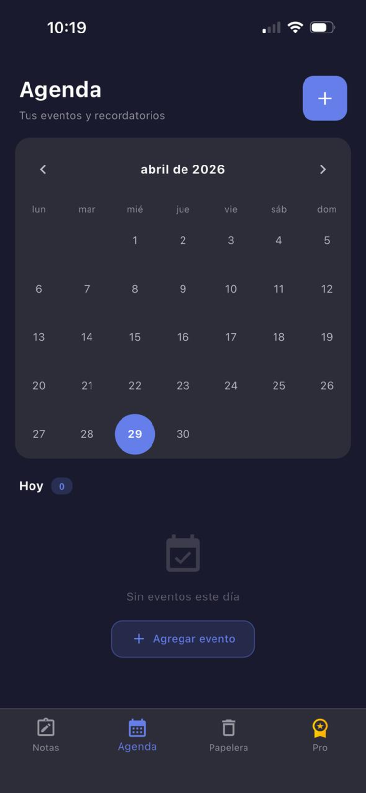 Agenda mensual con el día de hoy marcado