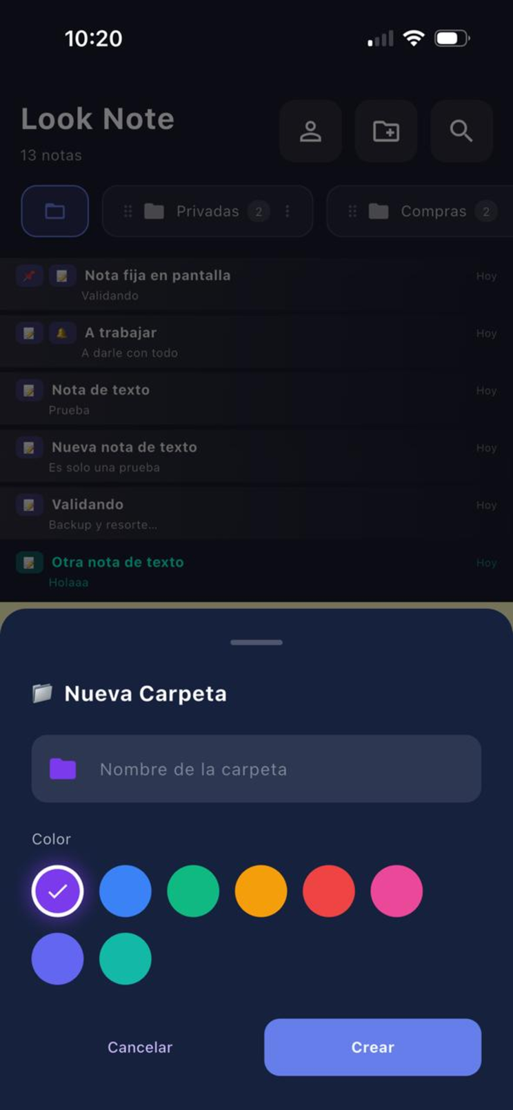 Creación de una carpeta nueva con selector de color