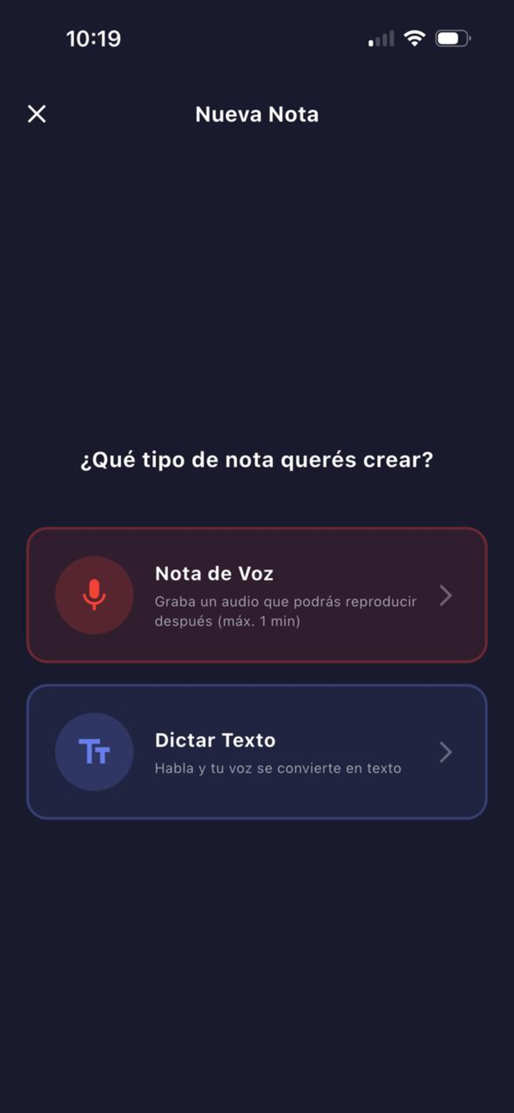 Pantalla Nueva Nota con las opciones Nota de Voz y Dictar Texto